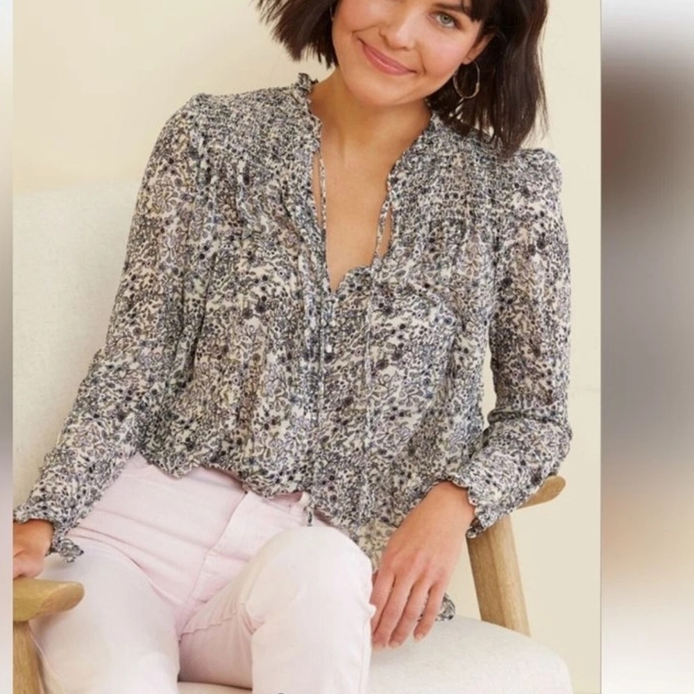 Free People Floral Smocked Yoke Blouse in Black and White